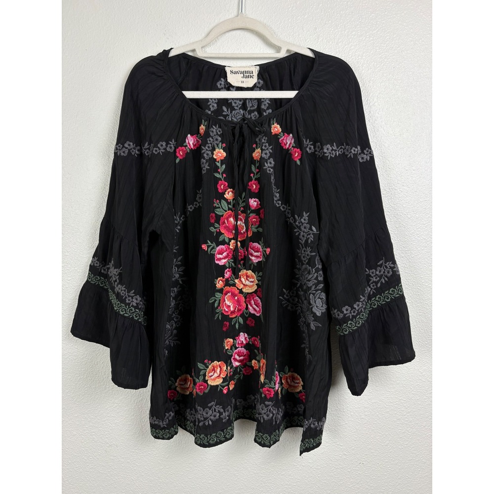 Savanna Jane Blouse 1X Black Floral Embroidered Boho Peasant Tunic Whimsigoth